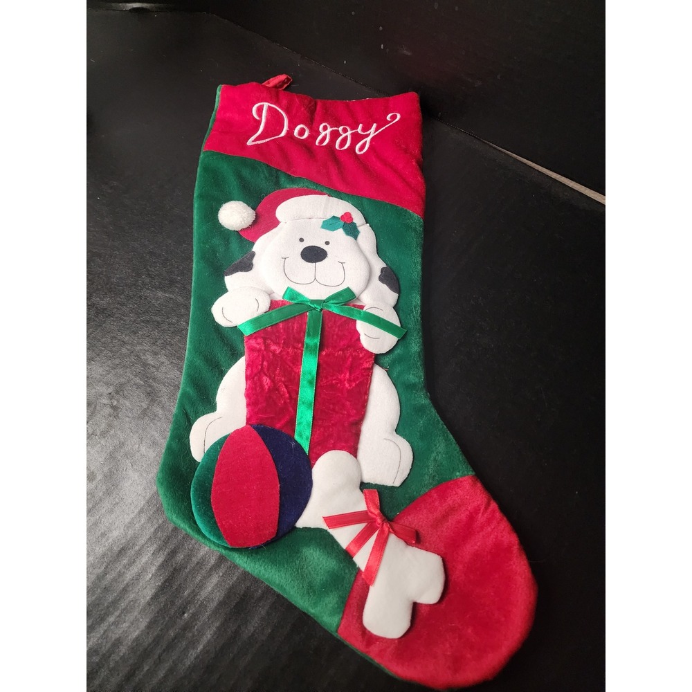 Prima Creations Doggy Christmas Stocking Red Green Plush Puppy Dog Bone Vintage
